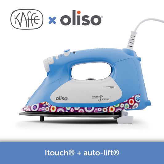 Blue and white iron with colorful base, featuring Kaffe and Oliso logos on a white background.