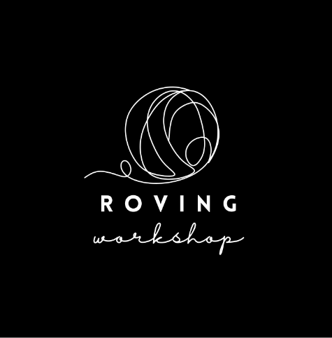 Logo of Roving Workshop with a ball of yarn design on a black background