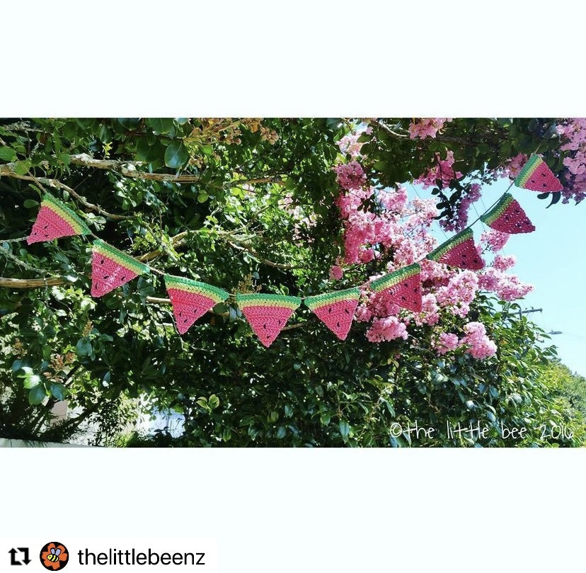 A watermelon-themed bunting is held up outside with visible vibrant green trees in the background with a re-gram symbol posted on the bottom left corner with the original creators social media handle; thelittlebeenz