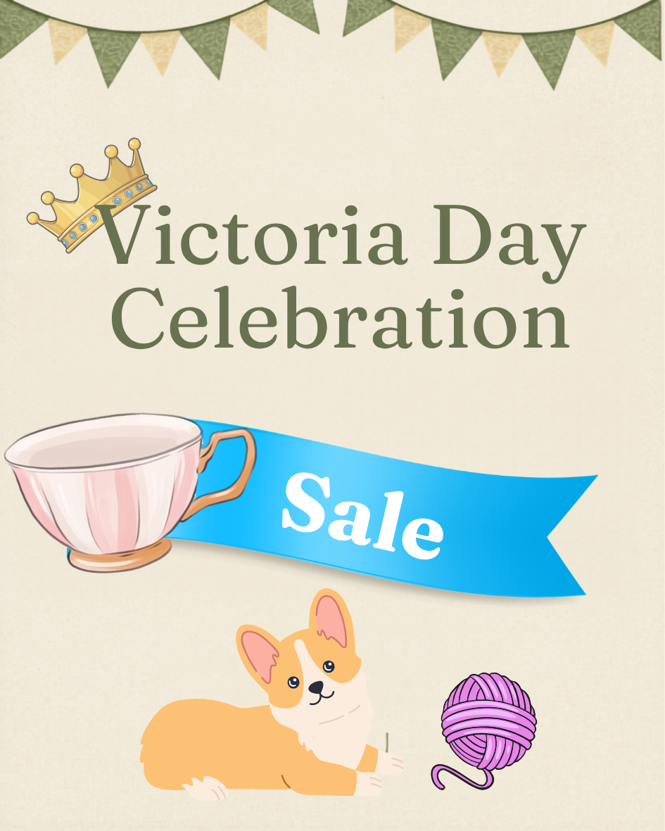 Poster with crown, tea cup, yarn and corgi highlighting sale