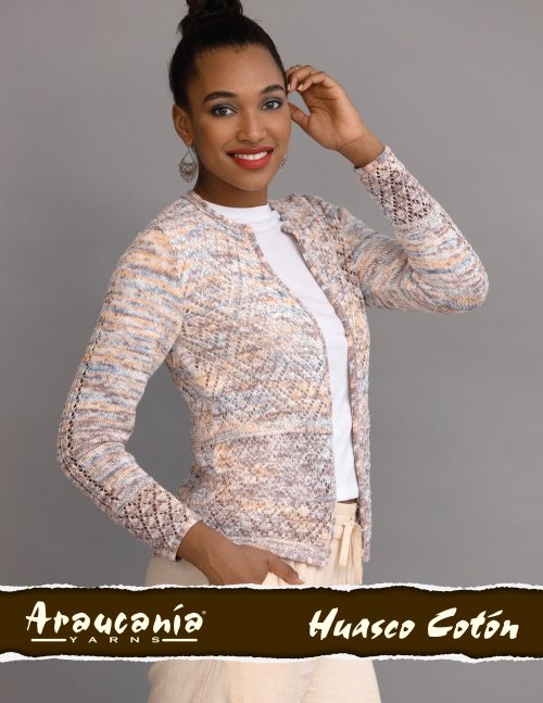 Woman wearing a textured cardigan with 'Araucania Huasco Coton' branding on a gray background