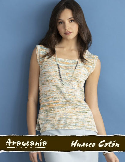 Woman wearing a sleeveless knitted top against a blue background with 'Araucania' branding.