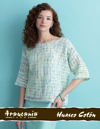 Woman wearing a patterned blouse against a blue background with 'Araucania Yarns' branding.
