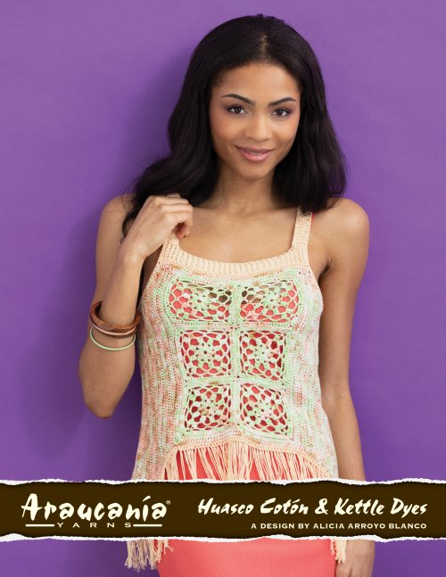 Woman wearing a crocheted dress against a purple background with 'Araucania Yarn' branding.