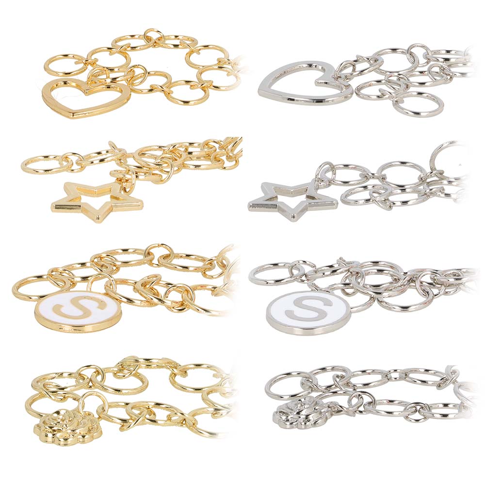 Gold and silver bracelets with various charms on a white background