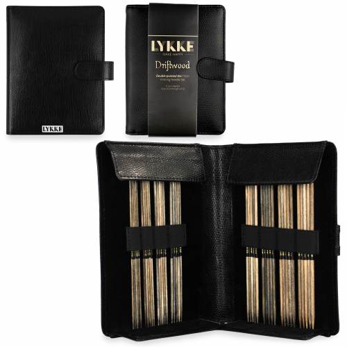 LYKKE 6" Double-Pointed Needle Set Driftwood - Small Sizes Black Faux Leather