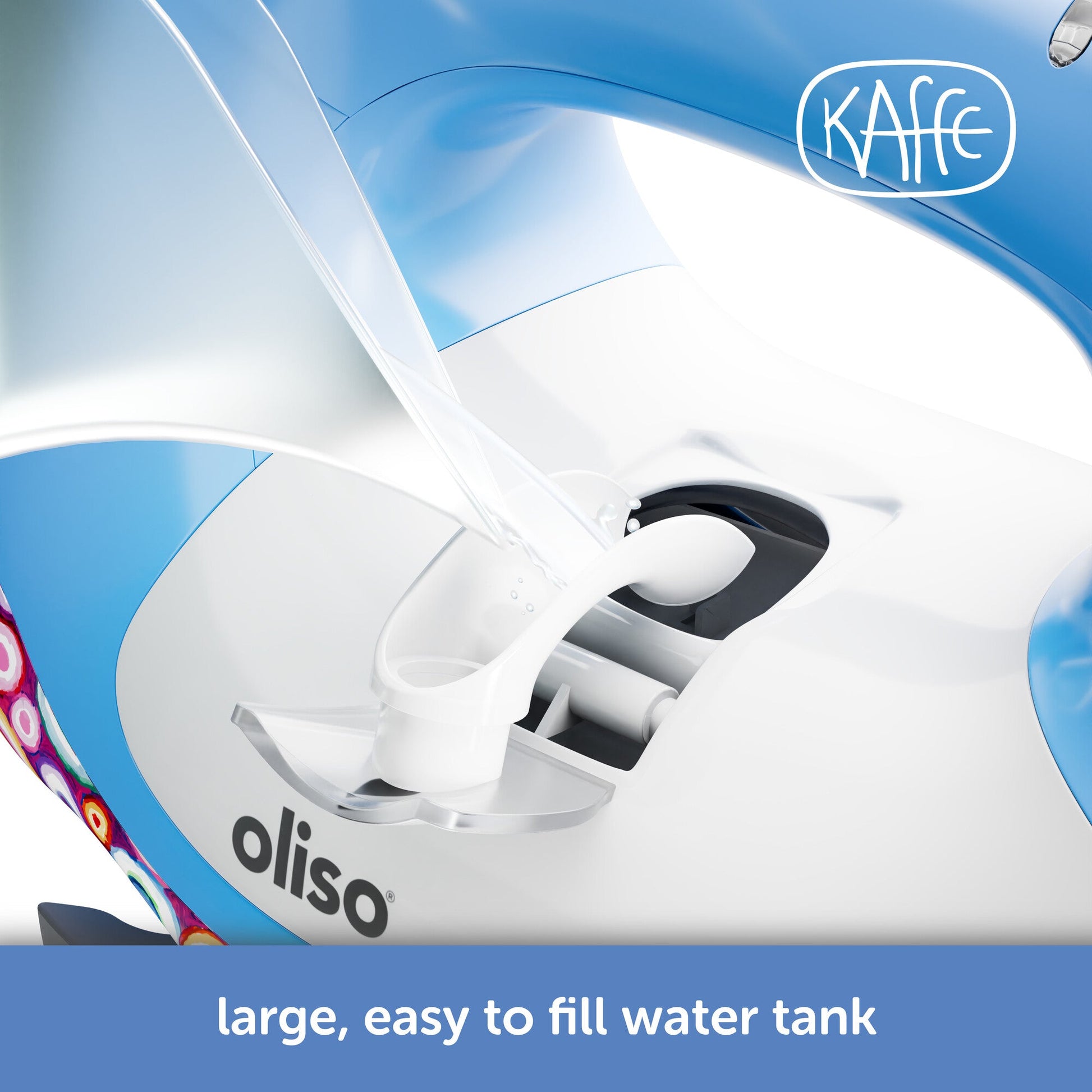 Close-up of an iron with 'Kaffe' and 'oliso' branding, highlighting the water tank.