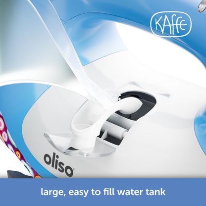 Close-up of an iron with 'Kaffe' and 'oliso' branding, highlighting the water tank.