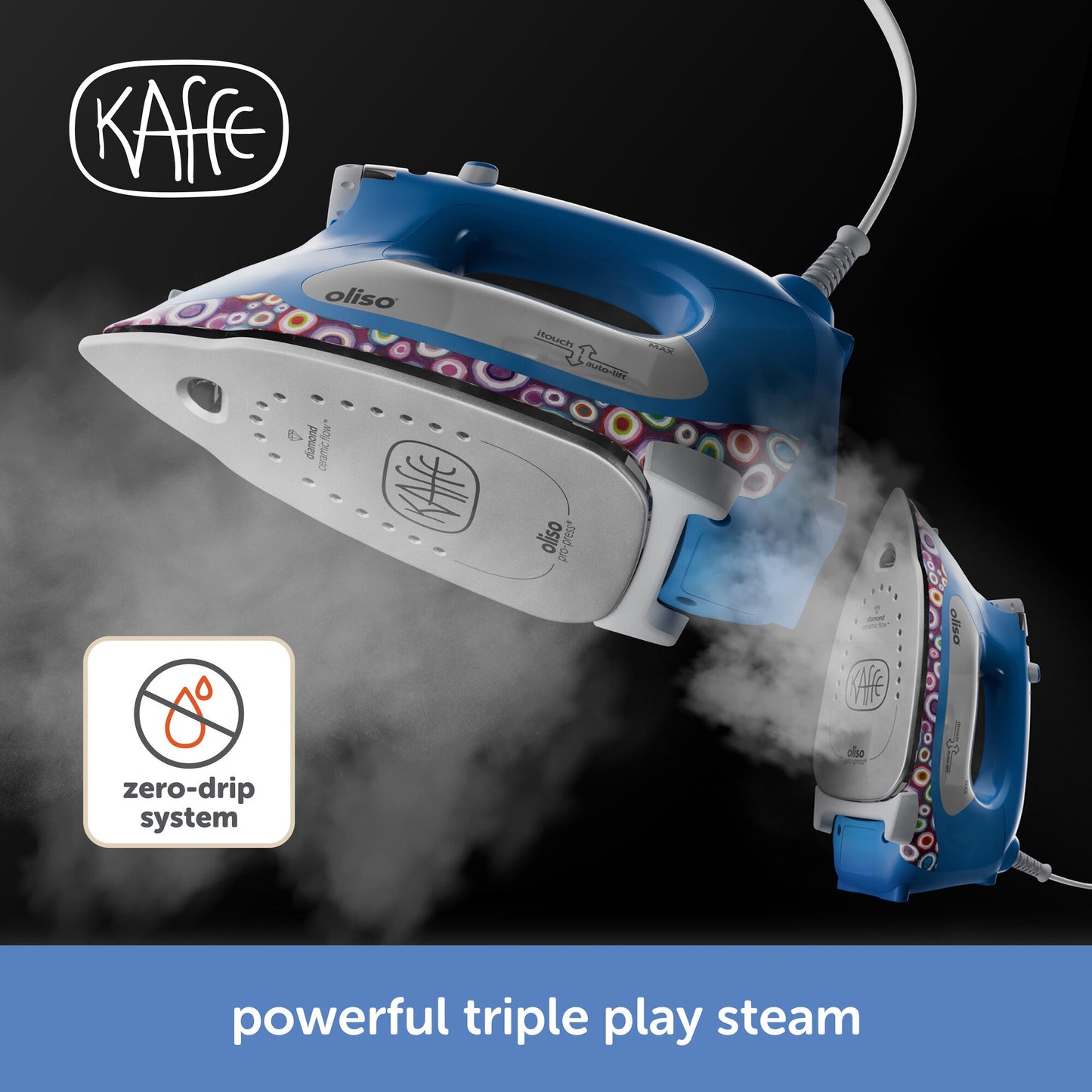 Kaffe iron with steam release on a dark background