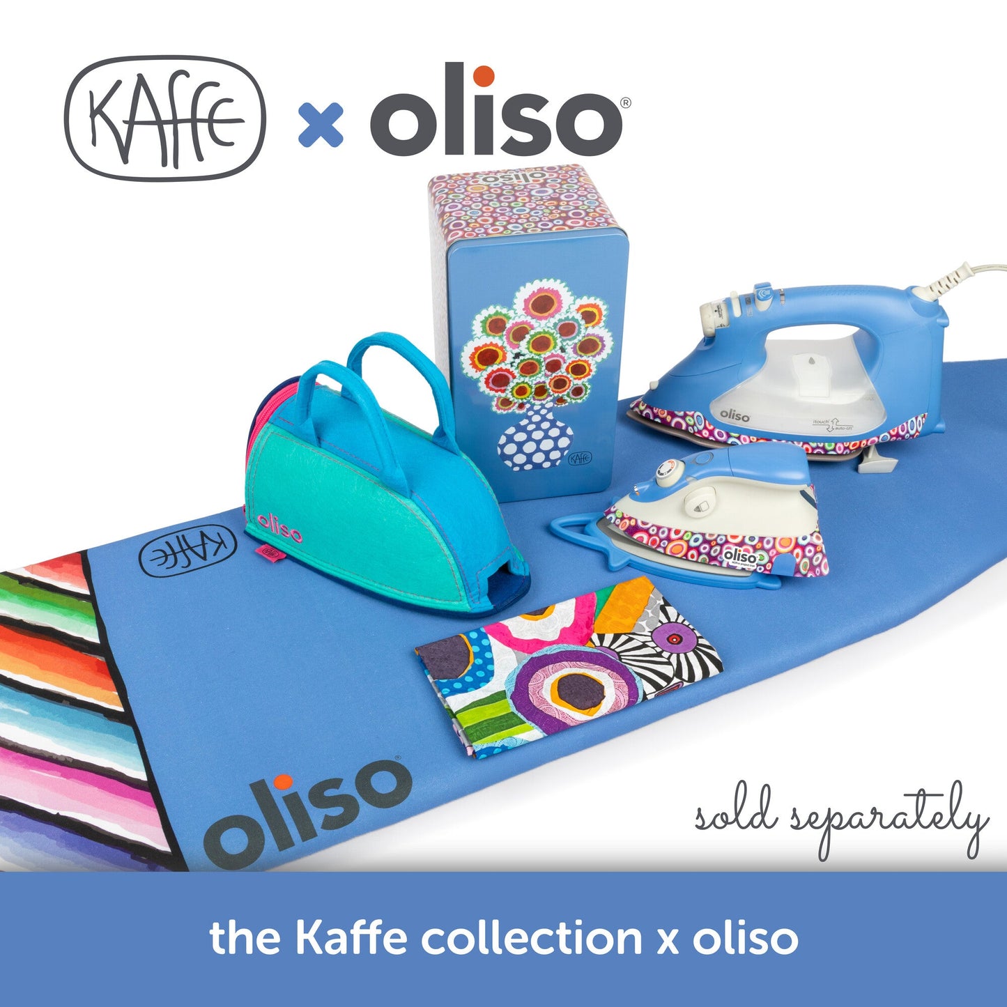 Kaffe and Oliso ironing board set with colorful accessories on a white background