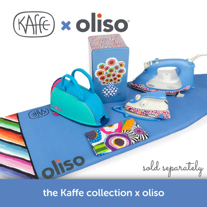 Kaffe and Oliso ironing board set with colorful accessories on a white background