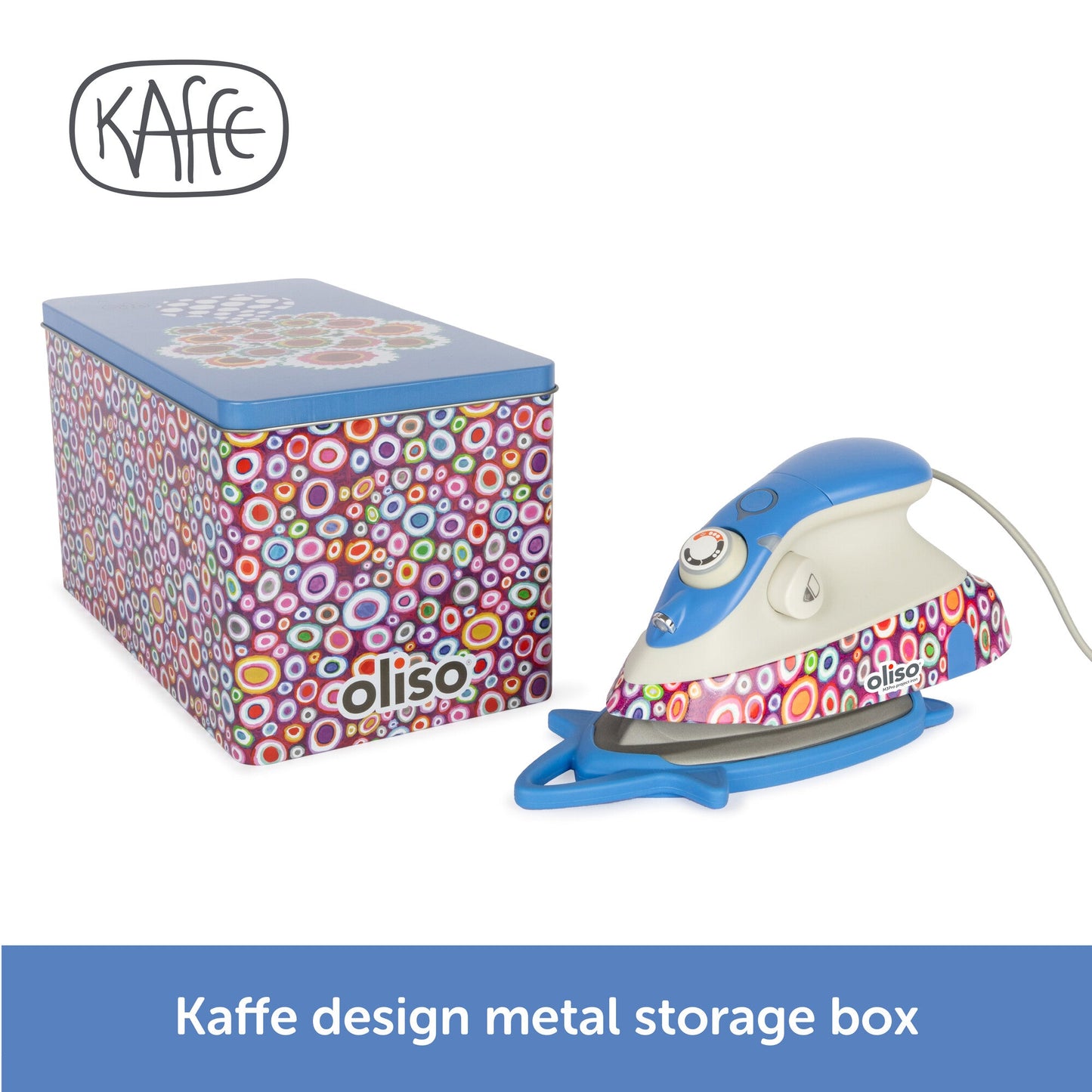 Kaffe design metal storage box with Oliso branded iron on a white background