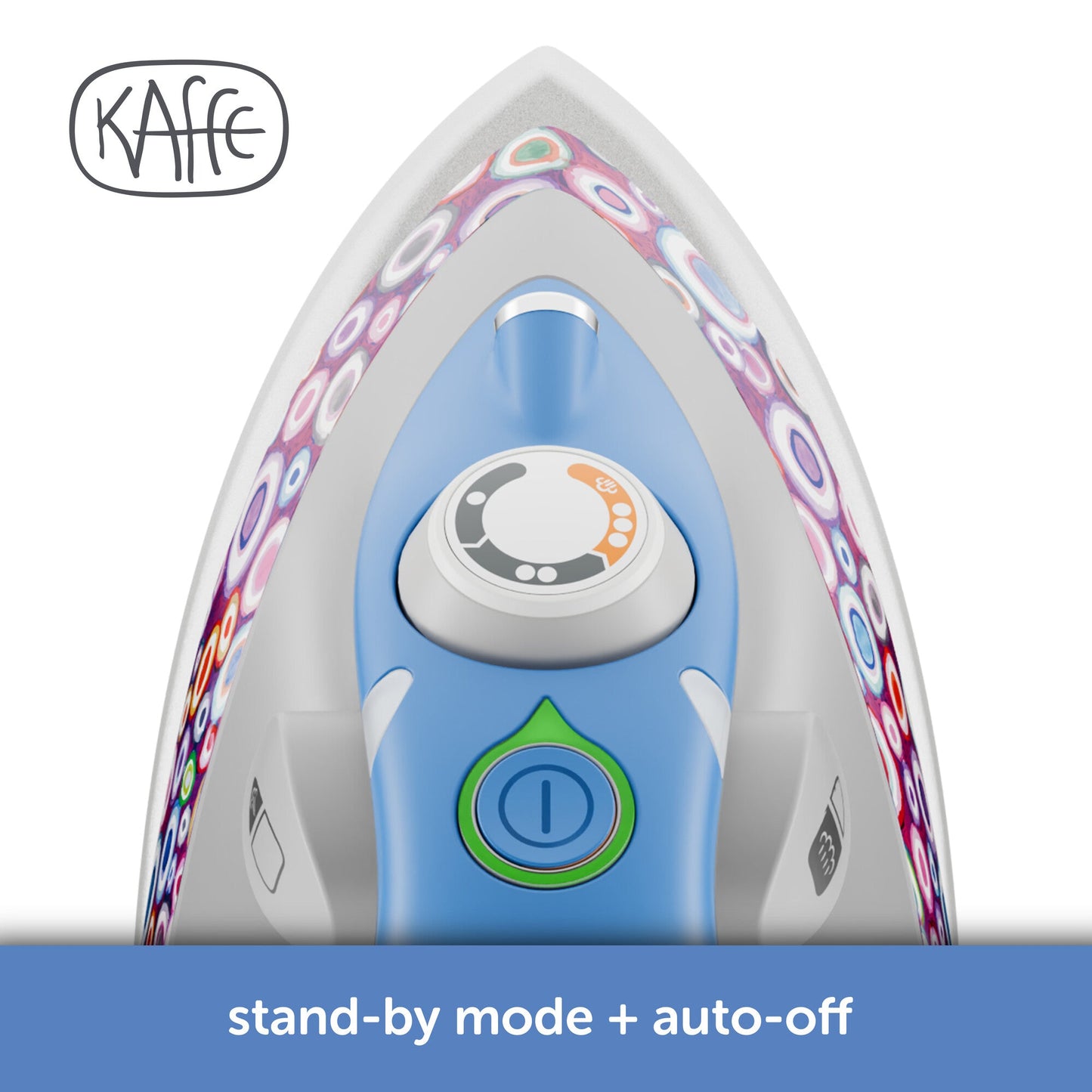 Kaffe iron with colorful design on a white background