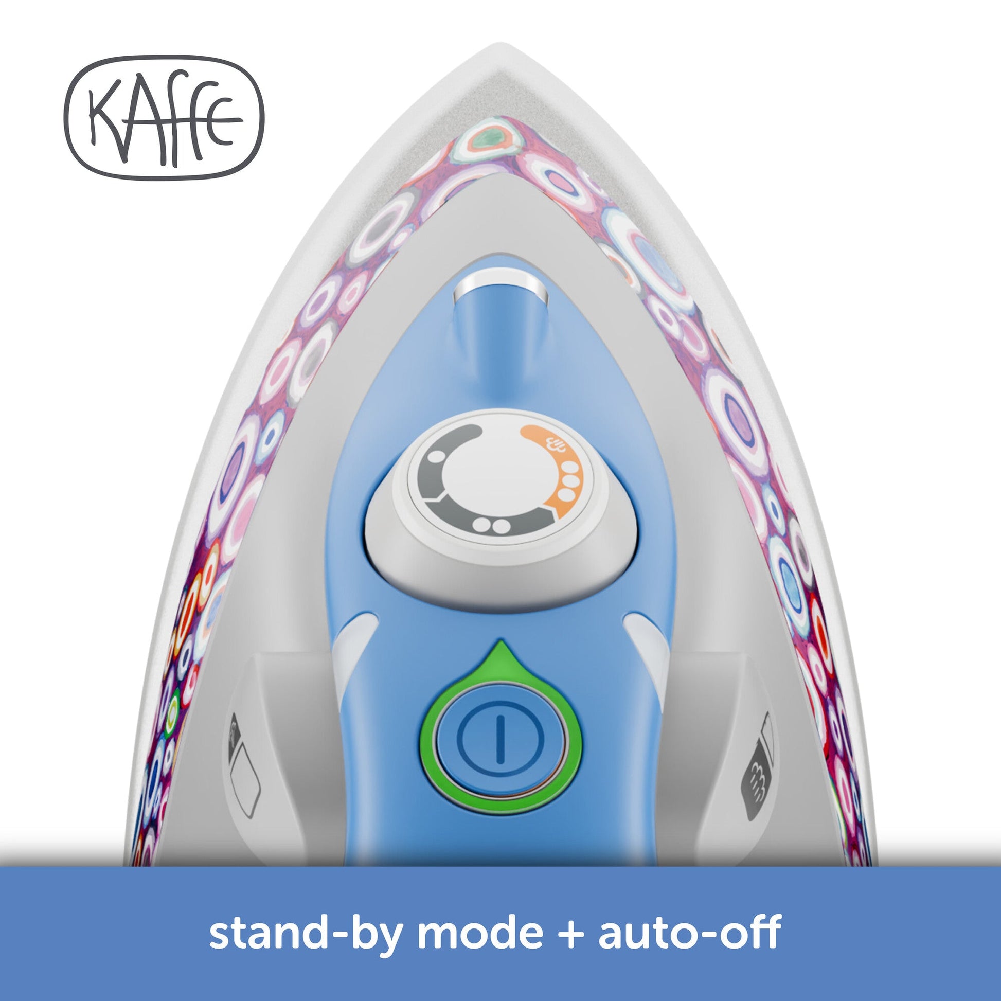 Kaffe iron with colorful design on a white background