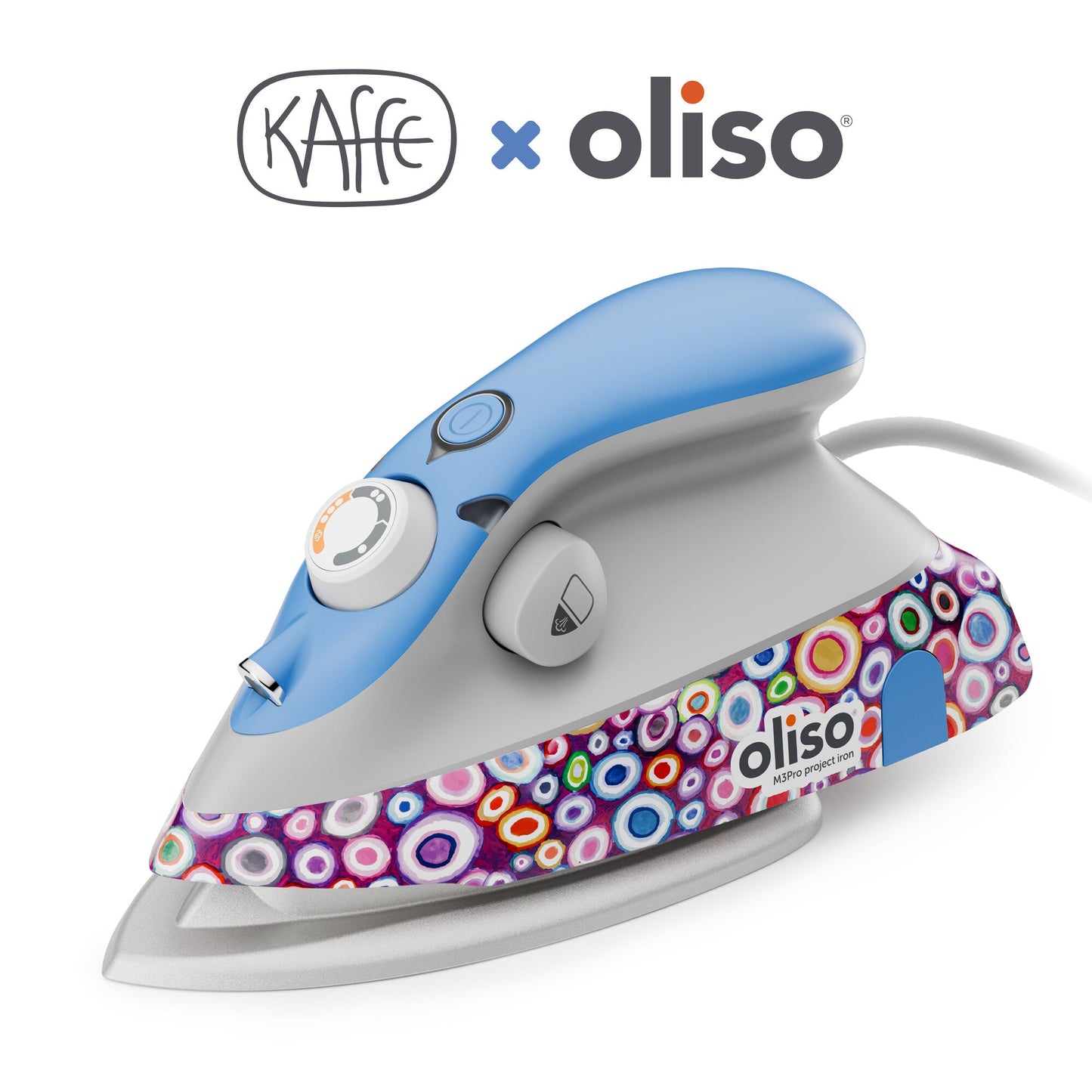 Colorful iron with Kaffe and Oliso branding on a white background