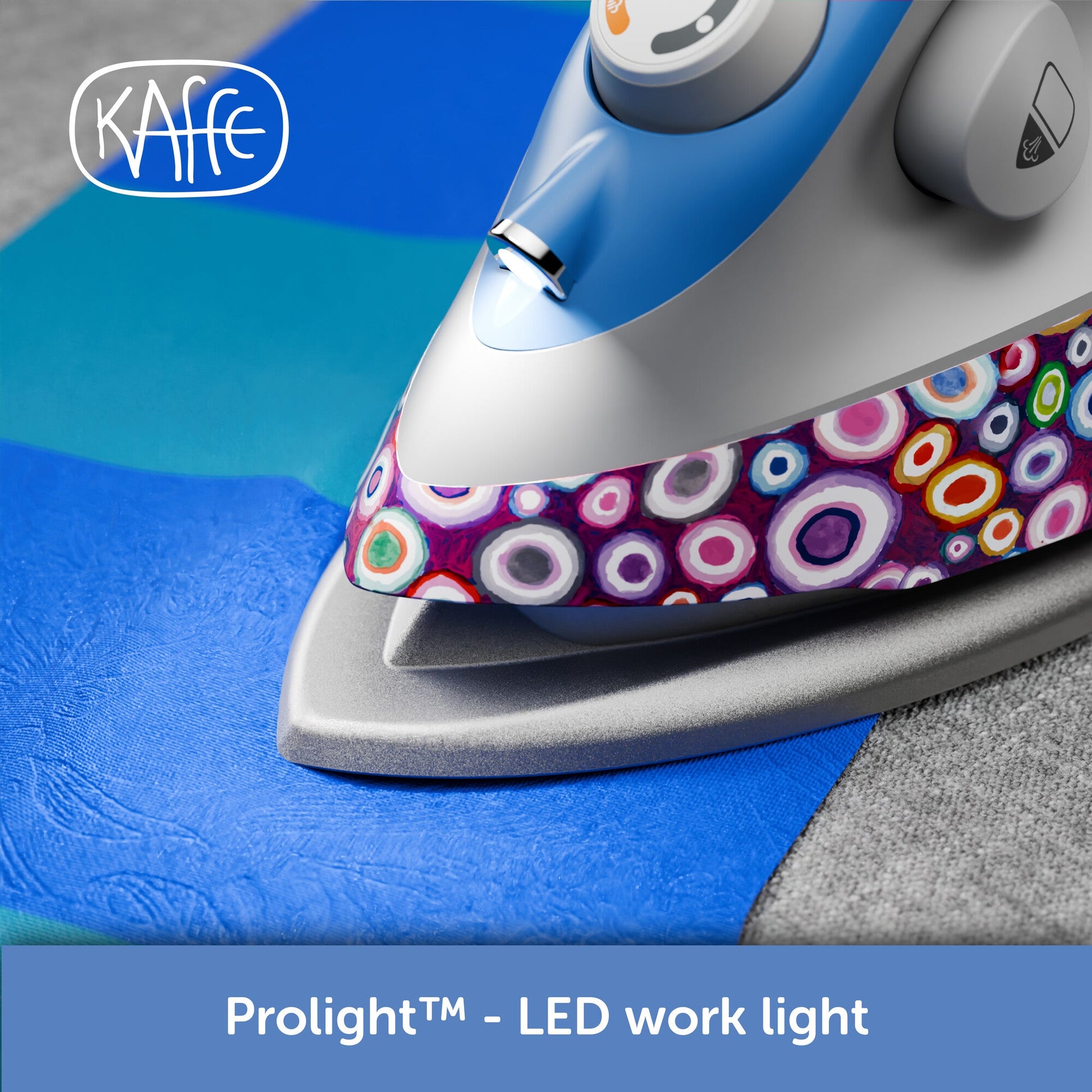 Kaffe iron with LED work light on a blue background