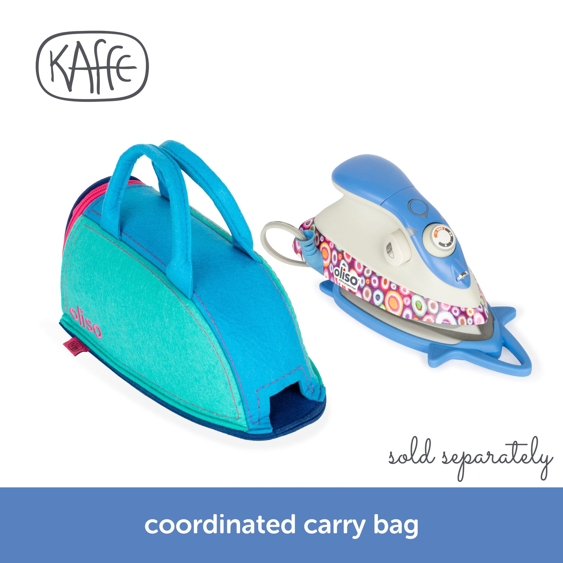 Small iron with floral design and teal carrying case on a white background, featuring Kaffe branding.