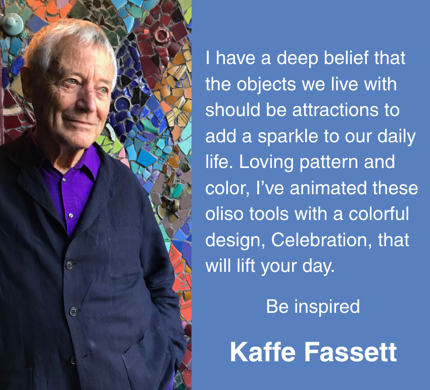 Man standing in front of a colorful mosaic with Kaffe Fassett's quote on a blue background