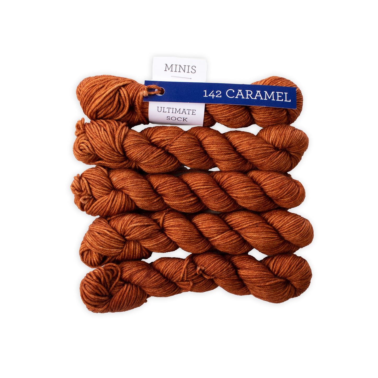 Bundled skeins of yarn labeled '142 Caramel' on a white background