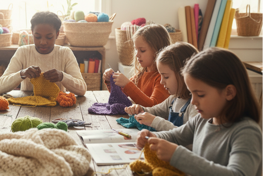 Children engaged in craft activities at a table with various materials in a classroom setting.
