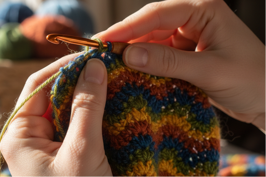Person knitting a colorful swatch with yarn and a crochet hook on a windowsill.
