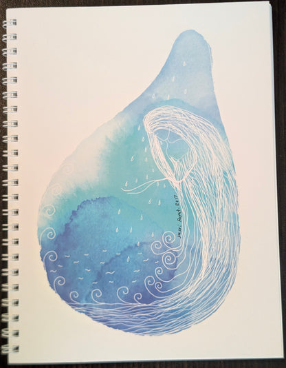 Notebook cover with a blue and white illustration of a teardrop shape