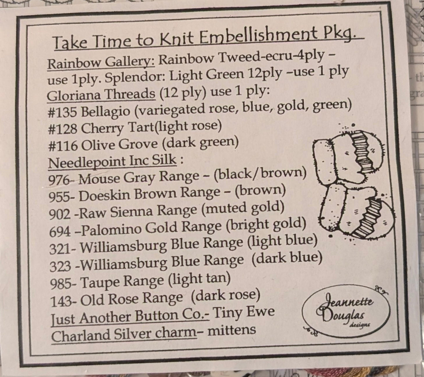Take time to knit embellishment package contents listed