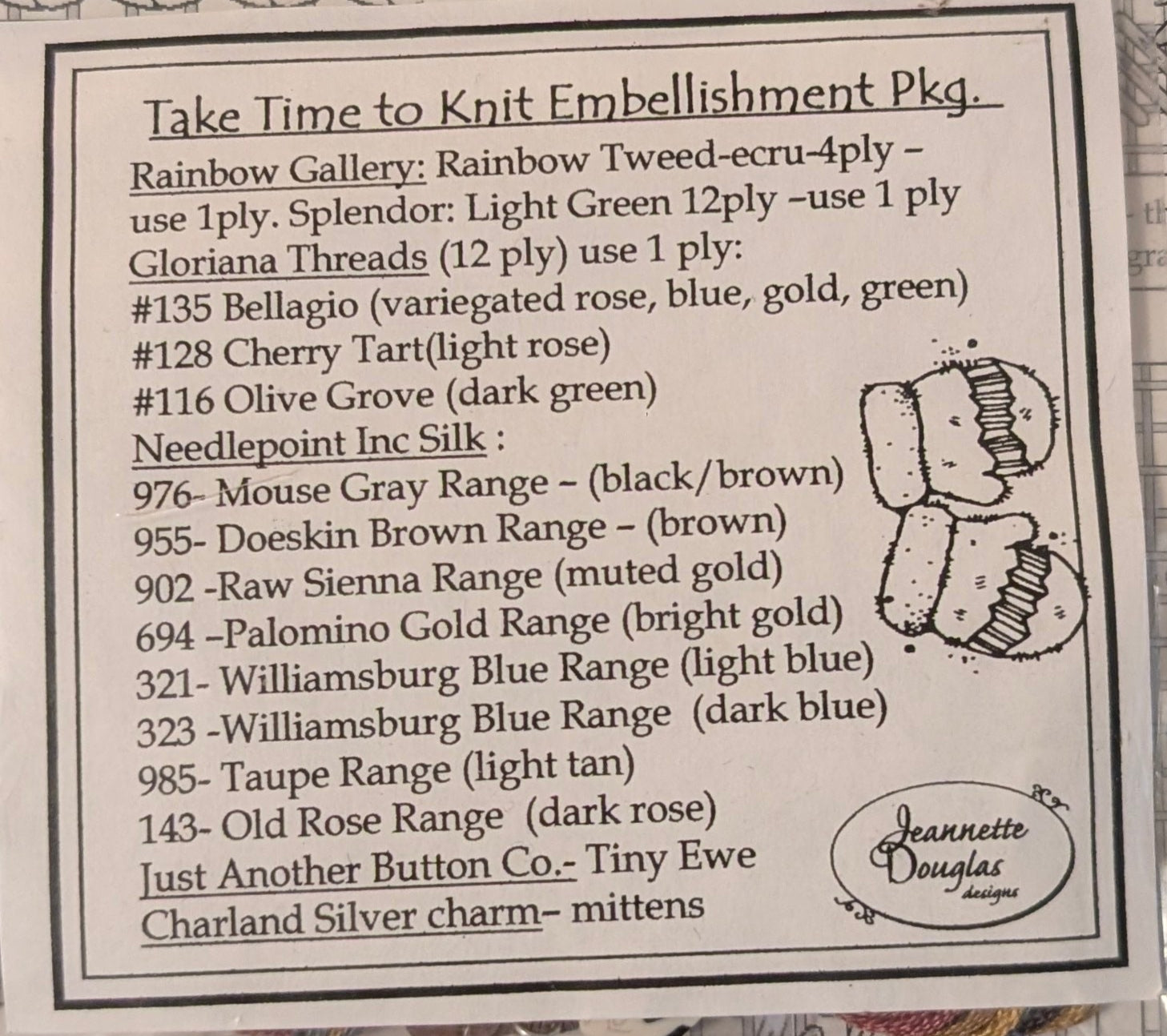 Take time to knit embellishment package contents listed