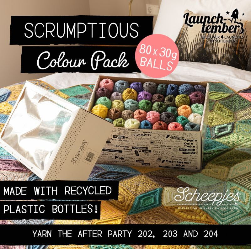 Scrumptious Colour Pack By Scheepjes. Yarn made with recycled plastic bottles, pack of 80, 30g balls. Yarn the after party 202, 203 and 204. Part of Launch-tember 2023