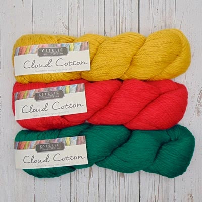 Estelle Cloud Cotton Yarn Hanks in Sunflower, Pine and Pumpkin  colours
